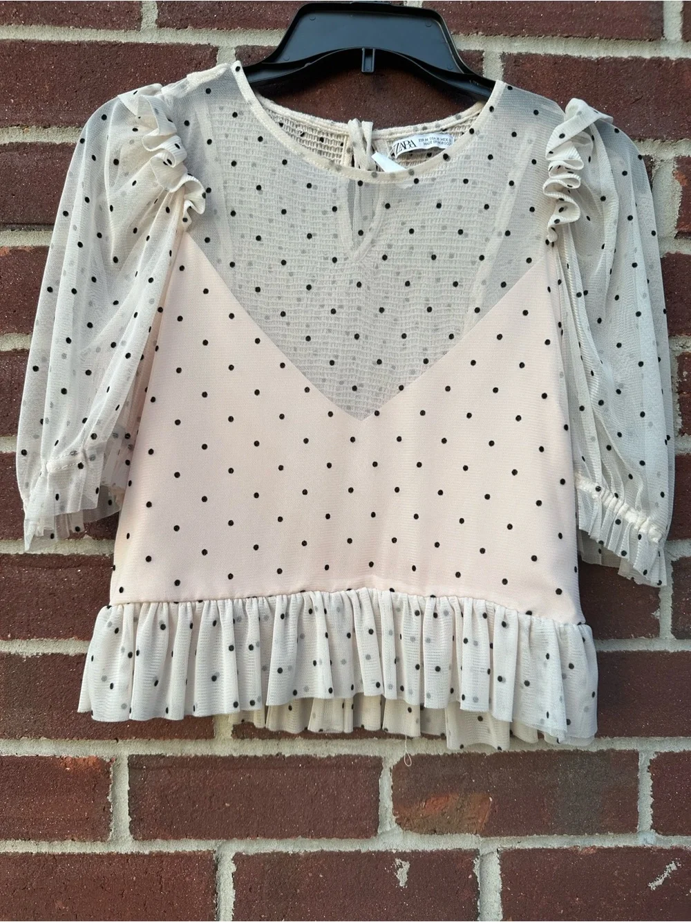 Zara Cream and Black Polka Dot Ruffle Crop Top Size Medium